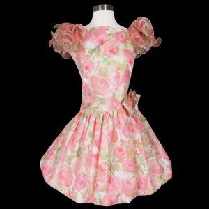 Vintage 80s Pink Peach Pastel Floral Print Bubble Skirt HoCo Prom Party Dress XS